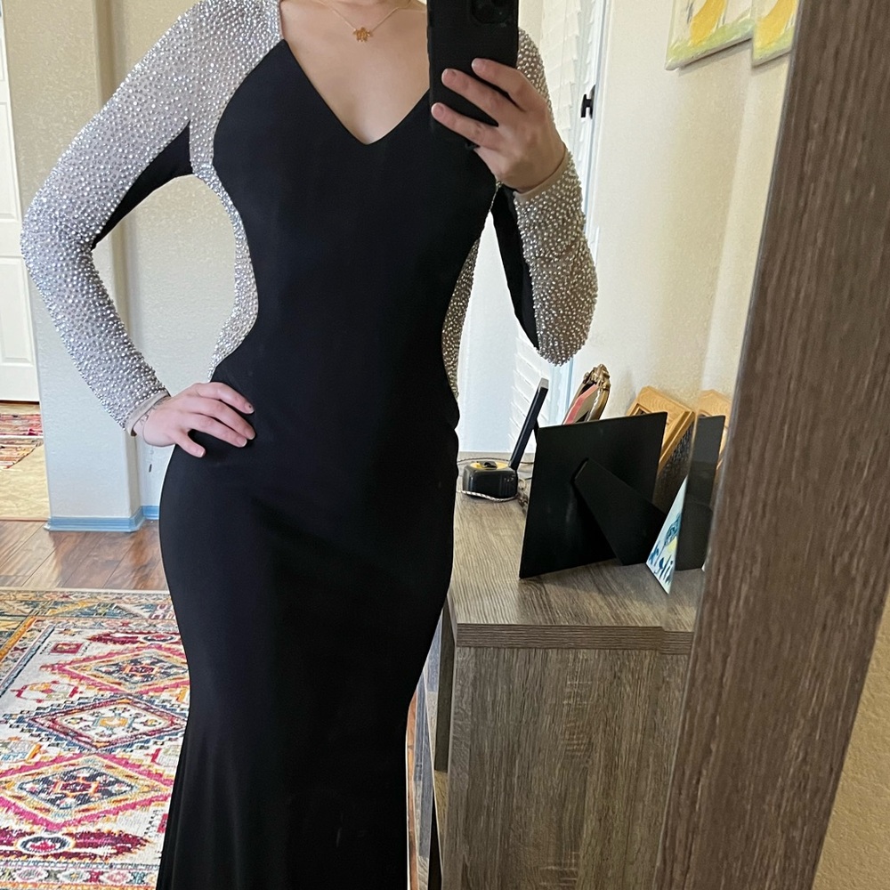 Xscape “Wren” Long Sleeve black formal dress with crystal sleeves